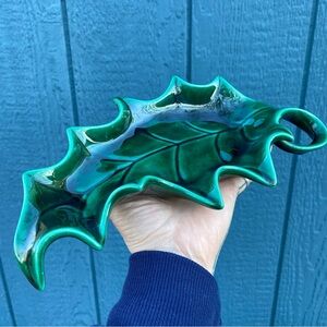 Vintage 70’s Green Ceramic Leaf-Shaped Dish, holly leaf pottery candy dish